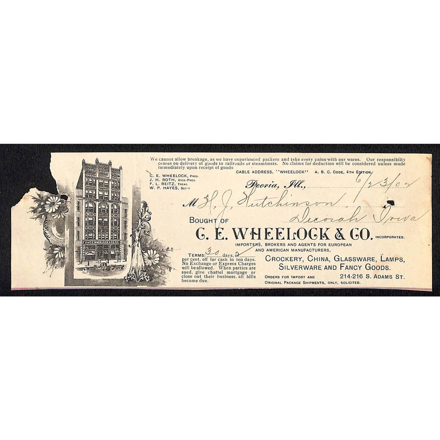 C.E. Wheelock & Co. Peoria, IL HJ Hutchinson Decorah, IA* Cut 1902 Billhead