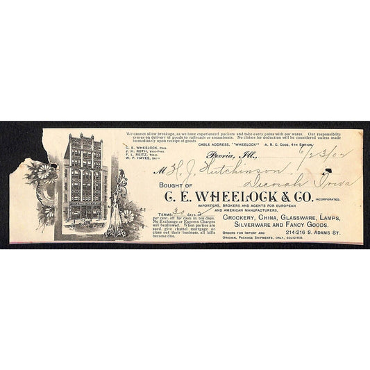 C.E. Wheelock & Co. Peoria, IL HJ Hutchinson Decorah, IA* Cut 1902 Billhead