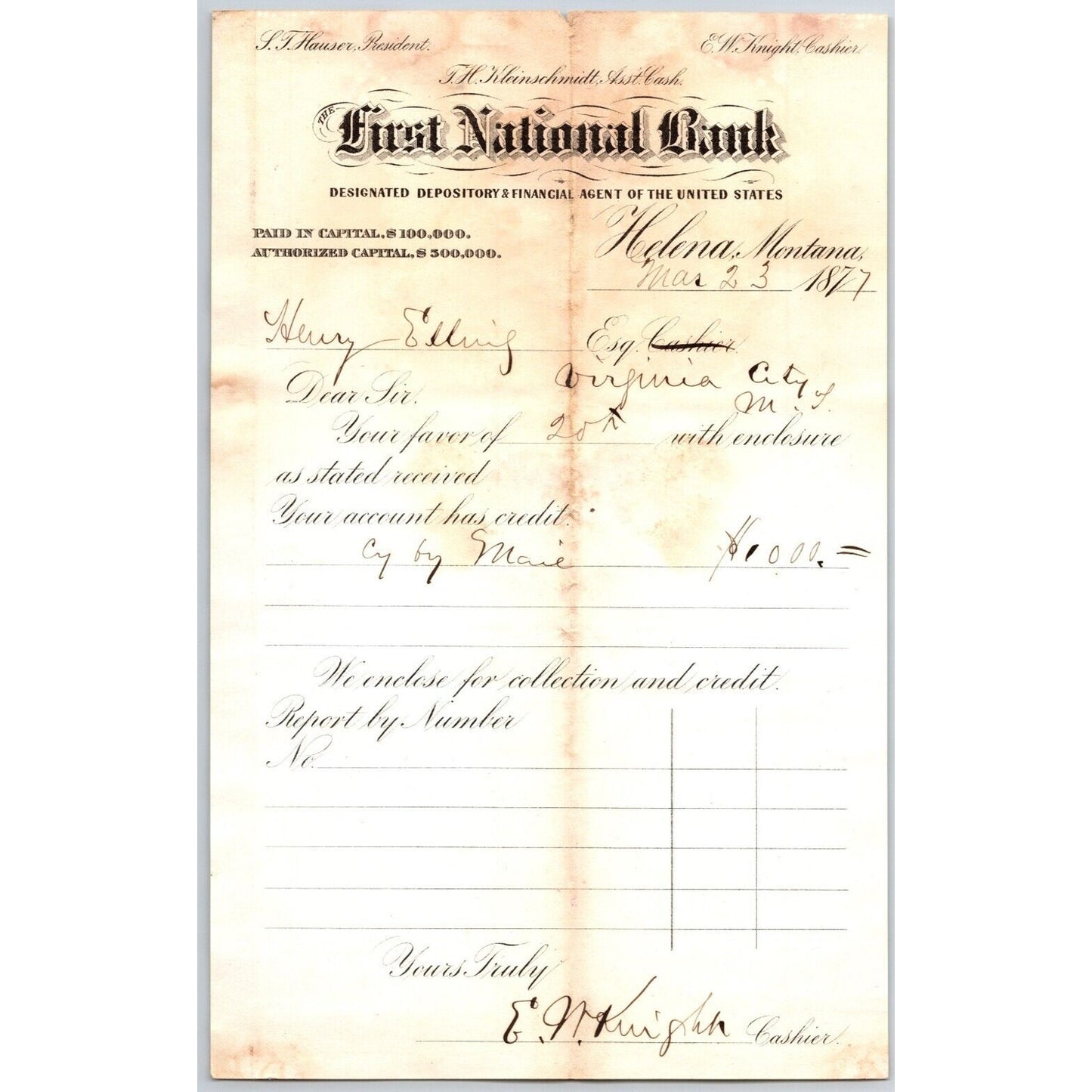 First National Bank Helena, MT 3/23 1877 Payment Advice Henry Elling*