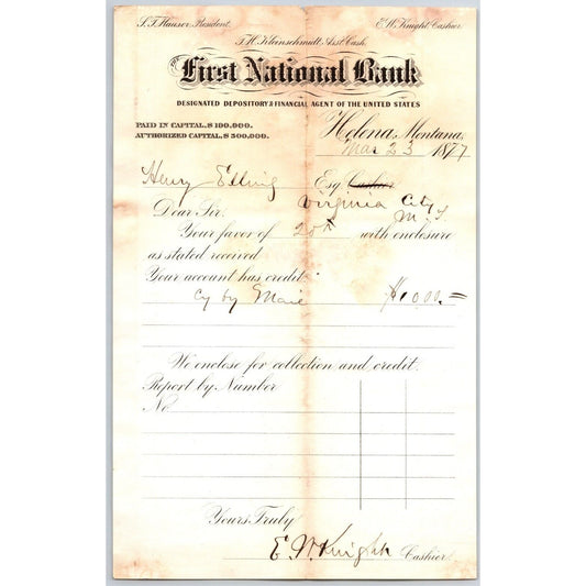First National Bank Helena, MT 3/23 1877 Payment Advice Henry Elling*