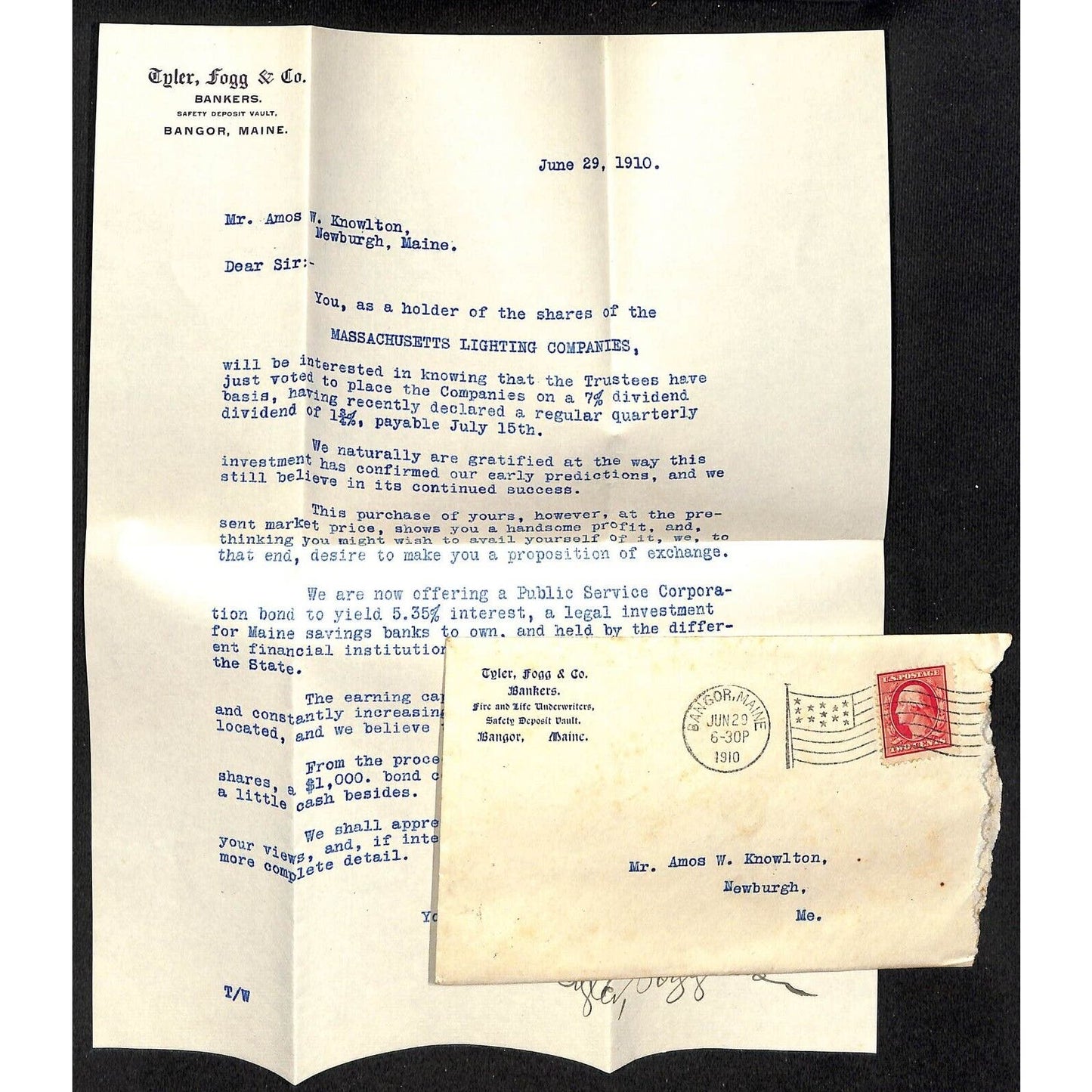 Bangor, ME Tyler, Fogg & Co. Bankers 1910 Letterhead re: MASS Power Co Knowlton*
