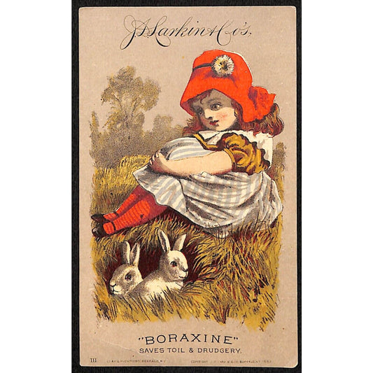 J.D. Larkin Boraxine Buffalo, NY Victorian Trade Card Girl Outdoors w/ Rabbits