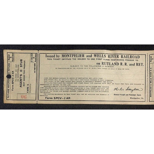Montpelier and Wells River Railroad Unused First Class Ticket Scarce c1941 #90