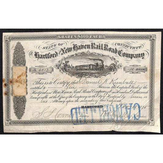 Hartford and New Haven Railroad 1870 Stock Certificate to: "Daniel N. Kimball"