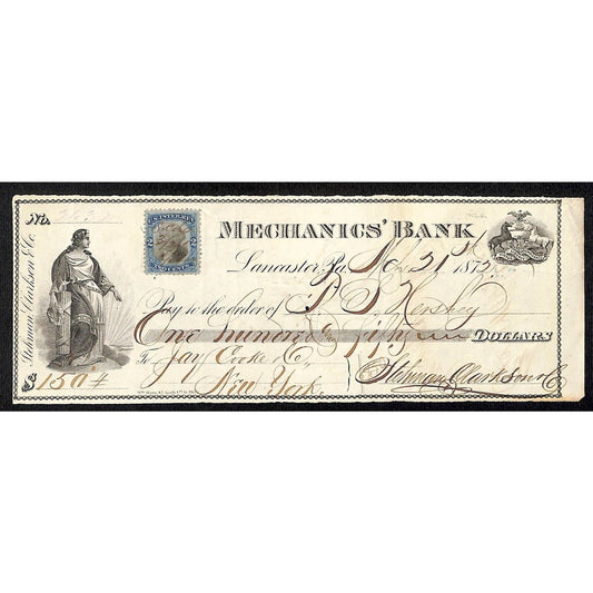 Mechanics' Bank Lancaster, PA 1872 Hershey Stehman Clarkson & Co. Bank Check