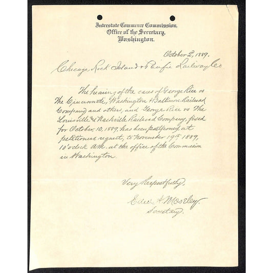 Interstate Commerce 1889 ALS Letterhead to CLI&P Railway re: George Rice Case