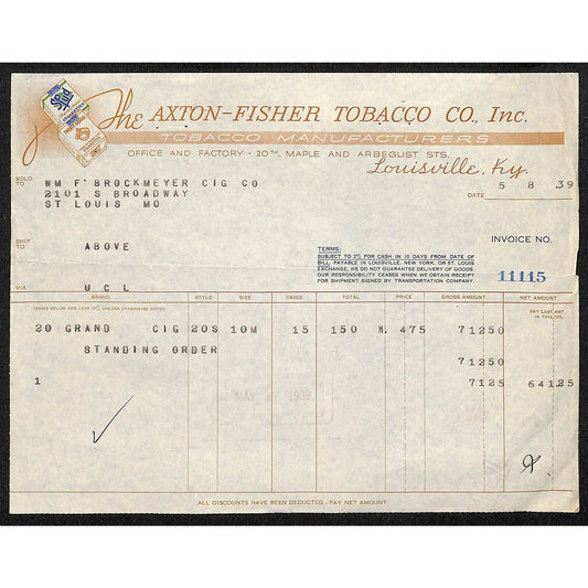 Louisville, KY The Axton-Fisher Tobacco Co. Spud Twenty Grand 5/8 1939 Billhead