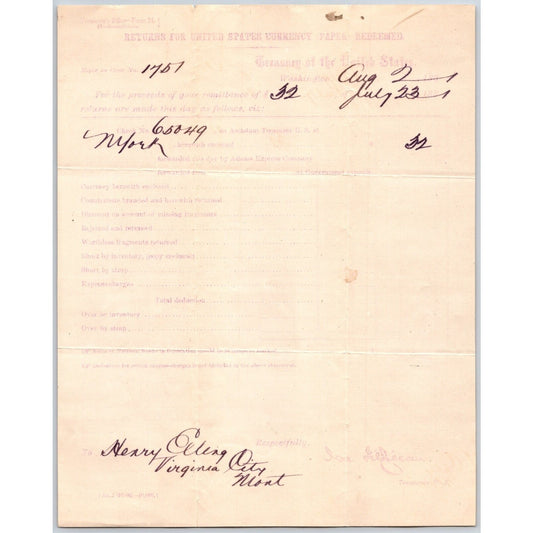 1881 "Returns for United States Currency Paper Redeemed" form from Henry Elling*