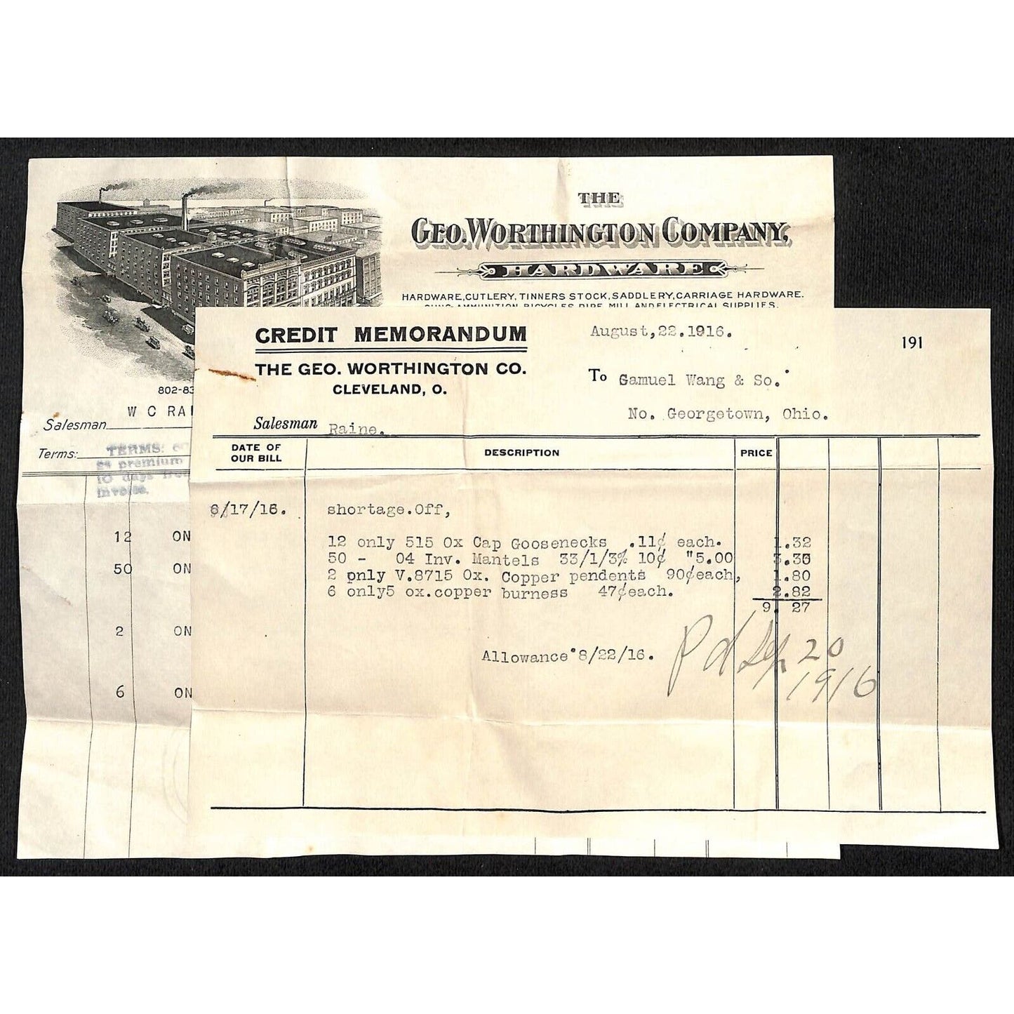 Geo. Worthington Co Samuel Wang Co* North Georgetown 1916 Billhead, Memo & Cover