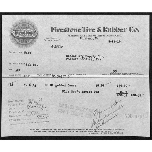 Firestone Tire & Rubber Co. Akron, OH / Pittsburgh, PA 1919 Billhead Vignette