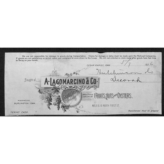 A. Lagomarcino & Co Fruits Nuts Oysters Hutchinson Decorah IA* Cut 1896 Billhead