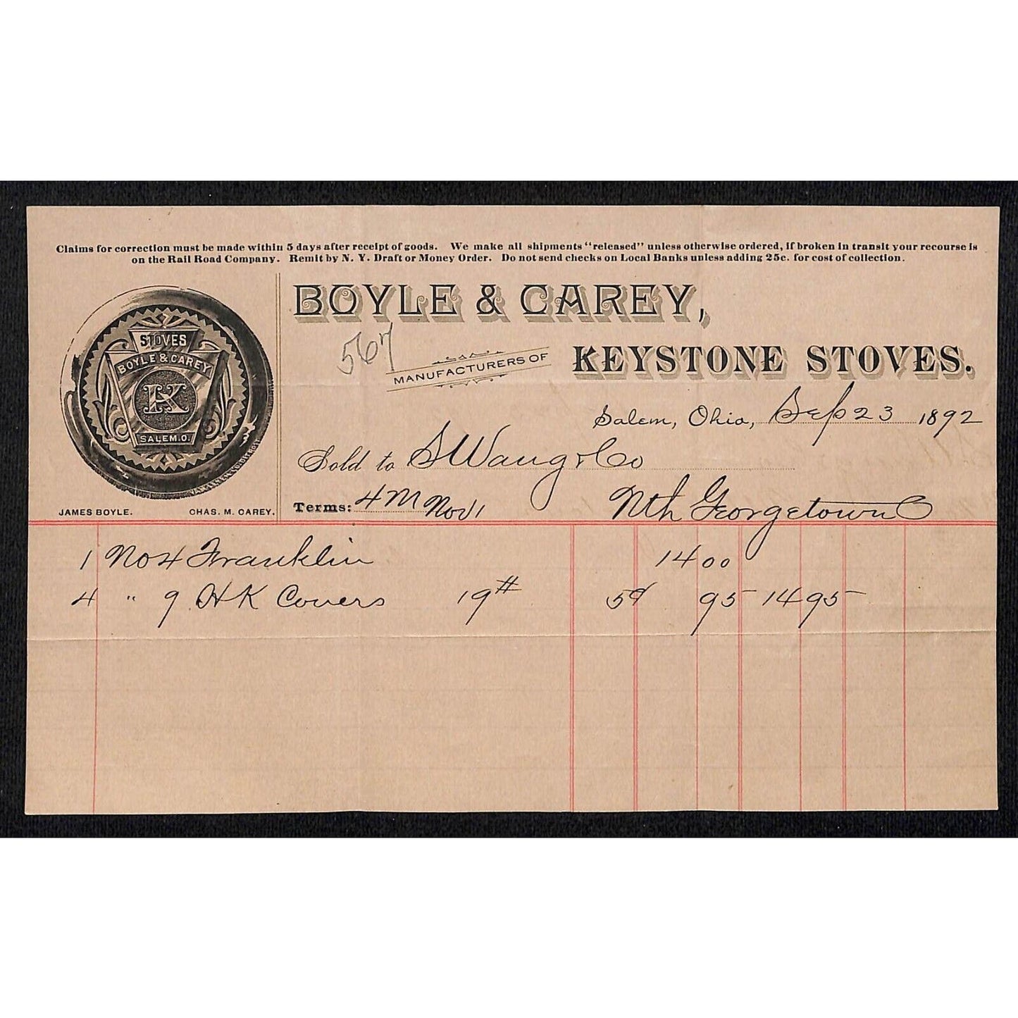 Boyle & Carey Keystone Stoves 1892 Billhead Samuel Wang* N. Georgetown, OH