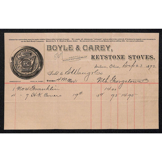 Boyle & Carey Keystone Stoves 1892 Billhead Samuel Wang* N. Georgetown, OH