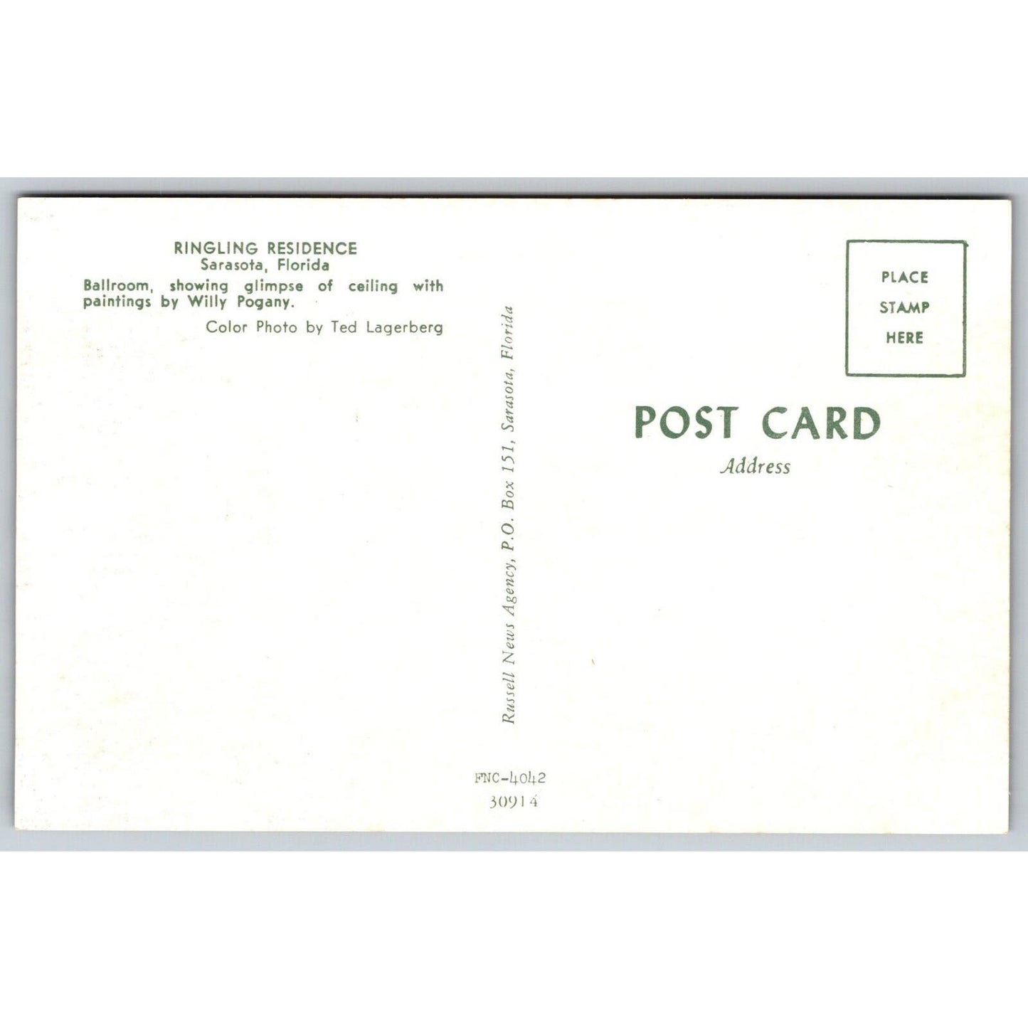 John ? Ringling Residence Ballroom Piano Wiily Pognay Postcard VGC NP c1960's