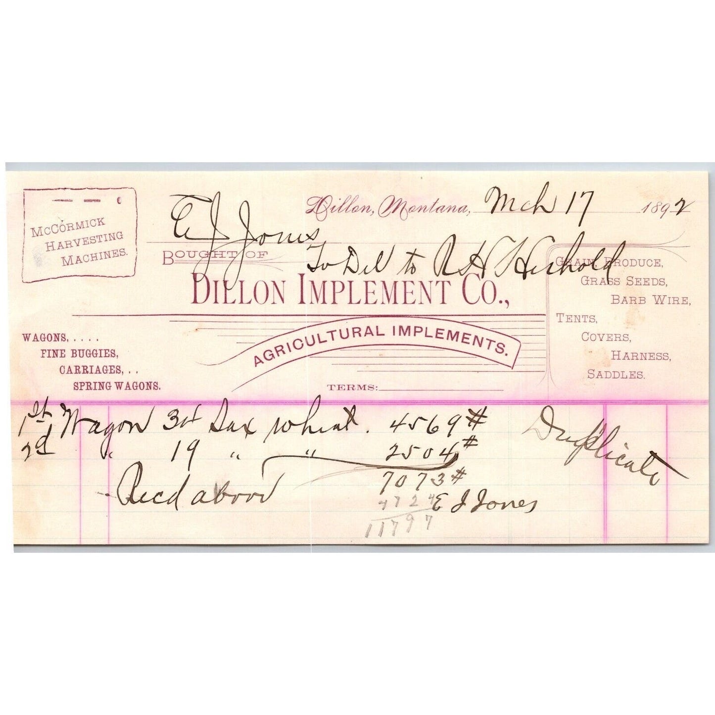 Dillon, MT Dillon Implement Co. Agricultural McCormick Harvesting 1892 Billhead
