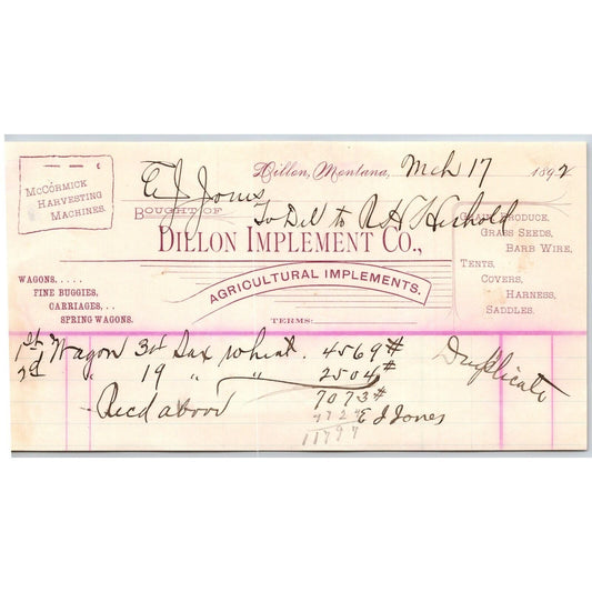 Dillon, MT Dillon Implement Co. Agricultural McCormick Harvesting 1892 Billhead