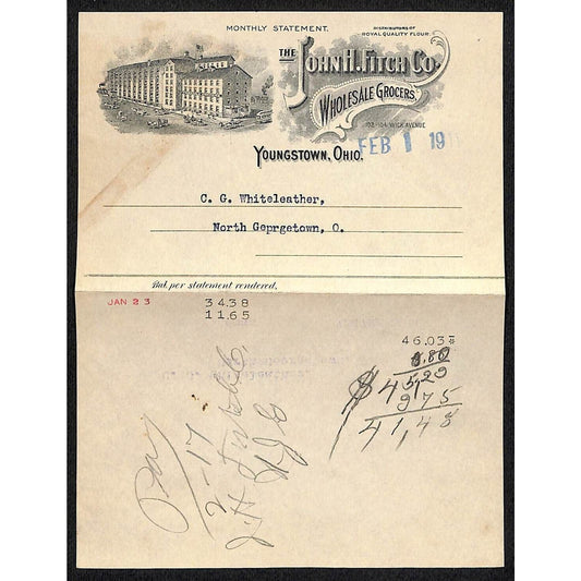 John H. Fitch Co. Youngstown, OH 1911 Statement Whiteleather* N. Georgetown, OH
