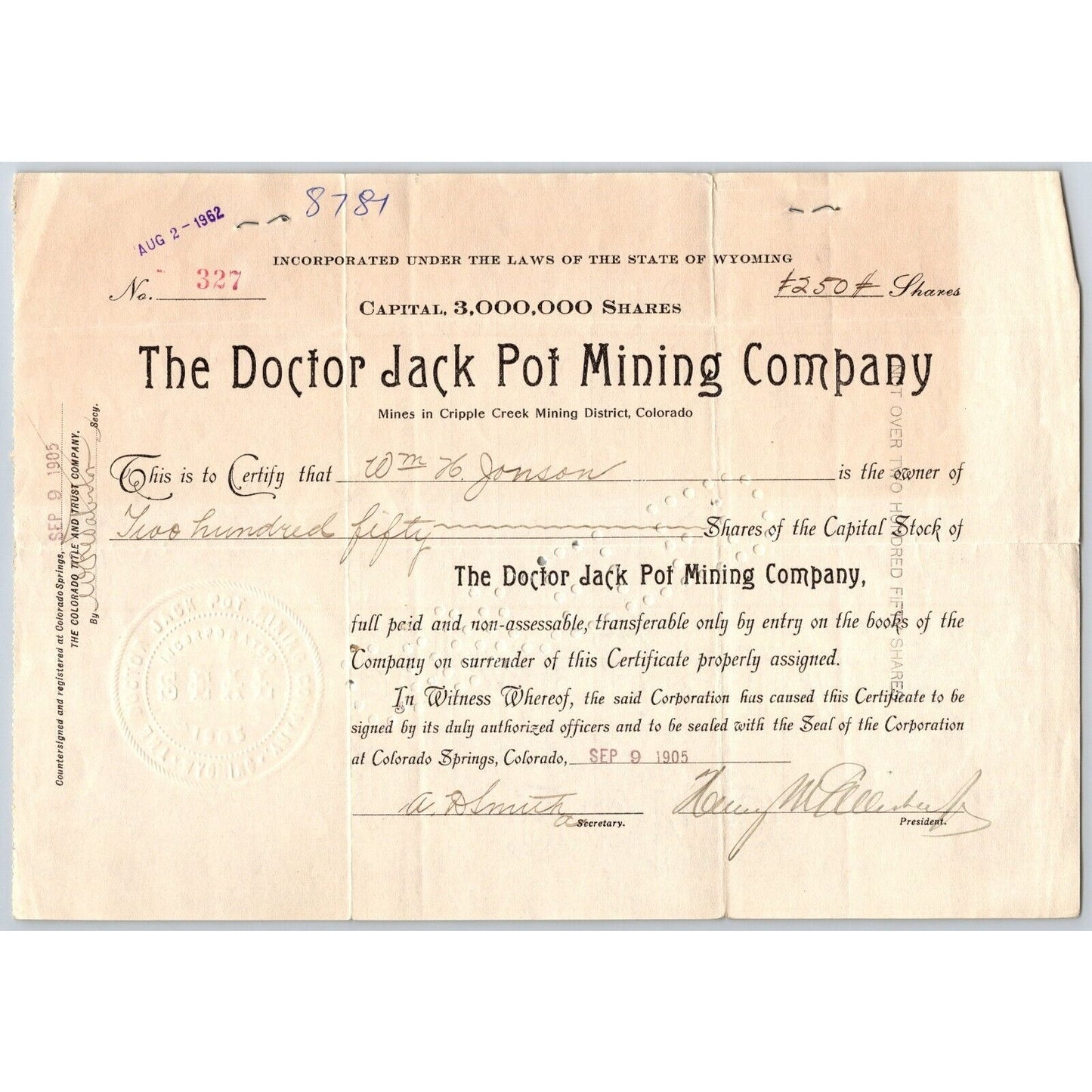 Doctor Jack Pot Mining Co. 1905 Stock Certificate Cripple Creek District #327
