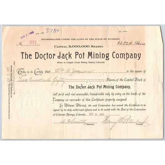 Doctor Jack Pot Mining Co. 1905 Stock Certificate Cripple Creek District #327