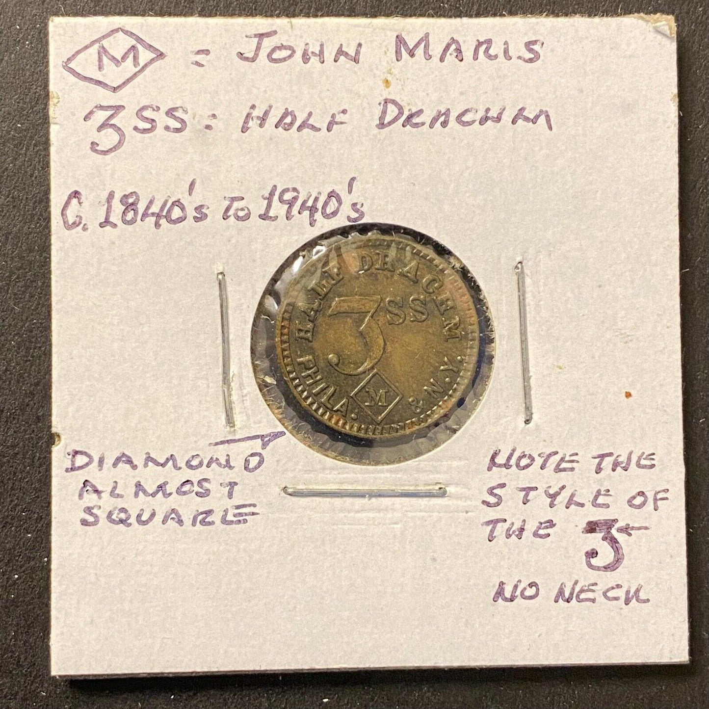 Half Drachm 3SS (John Maris) Phil. NY Apothecary Weight Brass 16mm 2g Token