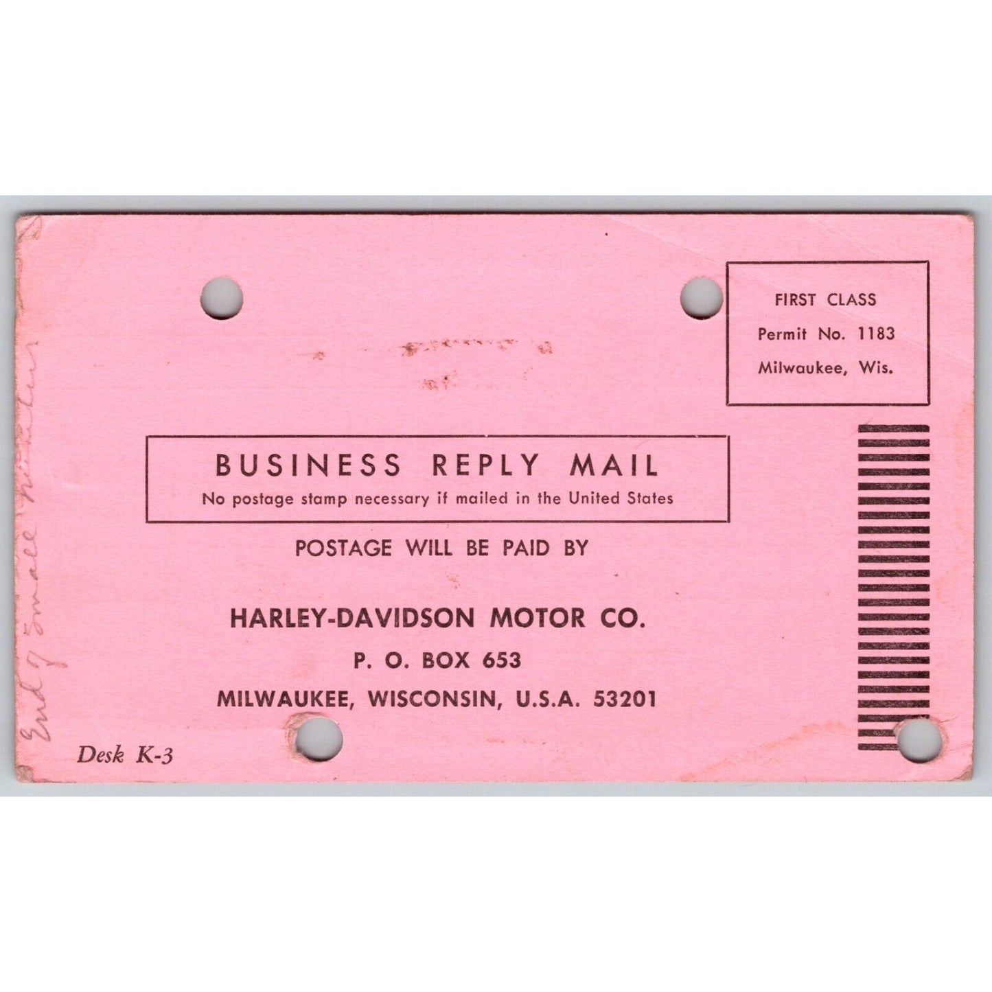 Darst Harley Davidson La Porte, IN "Used Motorcycle Registration" Card NP c1965