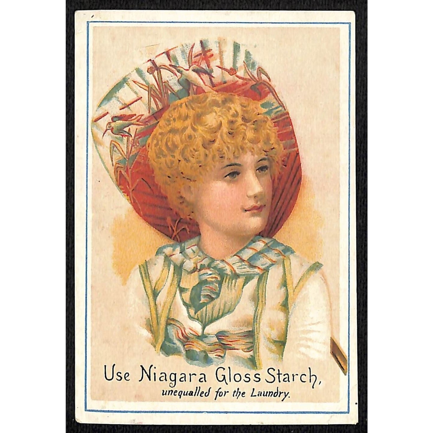 Niagara Gloss Starch Victorian Trade Card Baby Face Woman w/ Hand Fan Hat ?