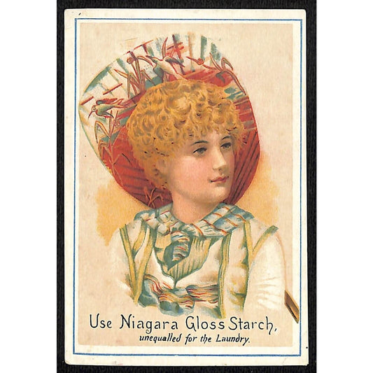 Niagara Gloss Starch Victorian Trade Card Baby Face Woman w/ Hand Fan Hat ?