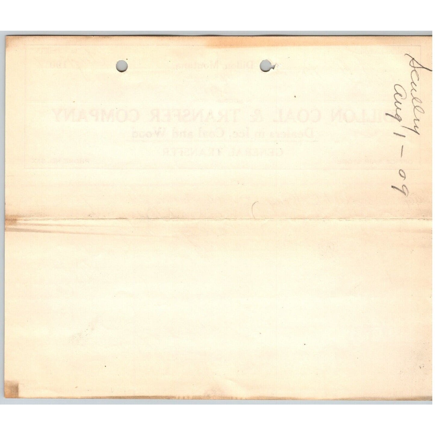 Dillon, MT Dillon Coal & Transfer Co Ice Wood Aug 1909 Billhead G.T. Paul*