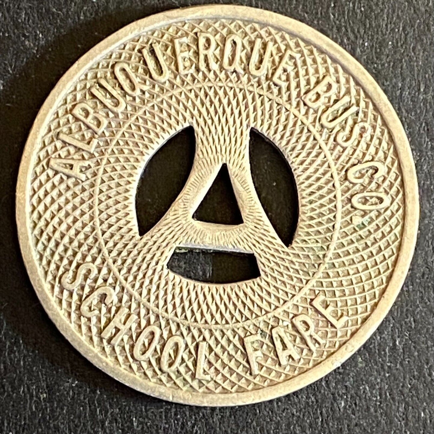 Albuquerque Bus Co. "Good on School Days Only" Token 23mm Hanging "A" (#8)