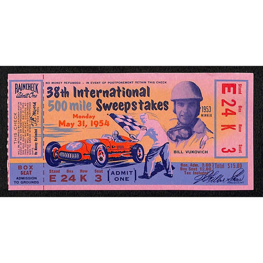 1954 Indy 500 Ticket / IMS 500 Mile Sweepstakes Ticket Stub - Seat 3 VGC