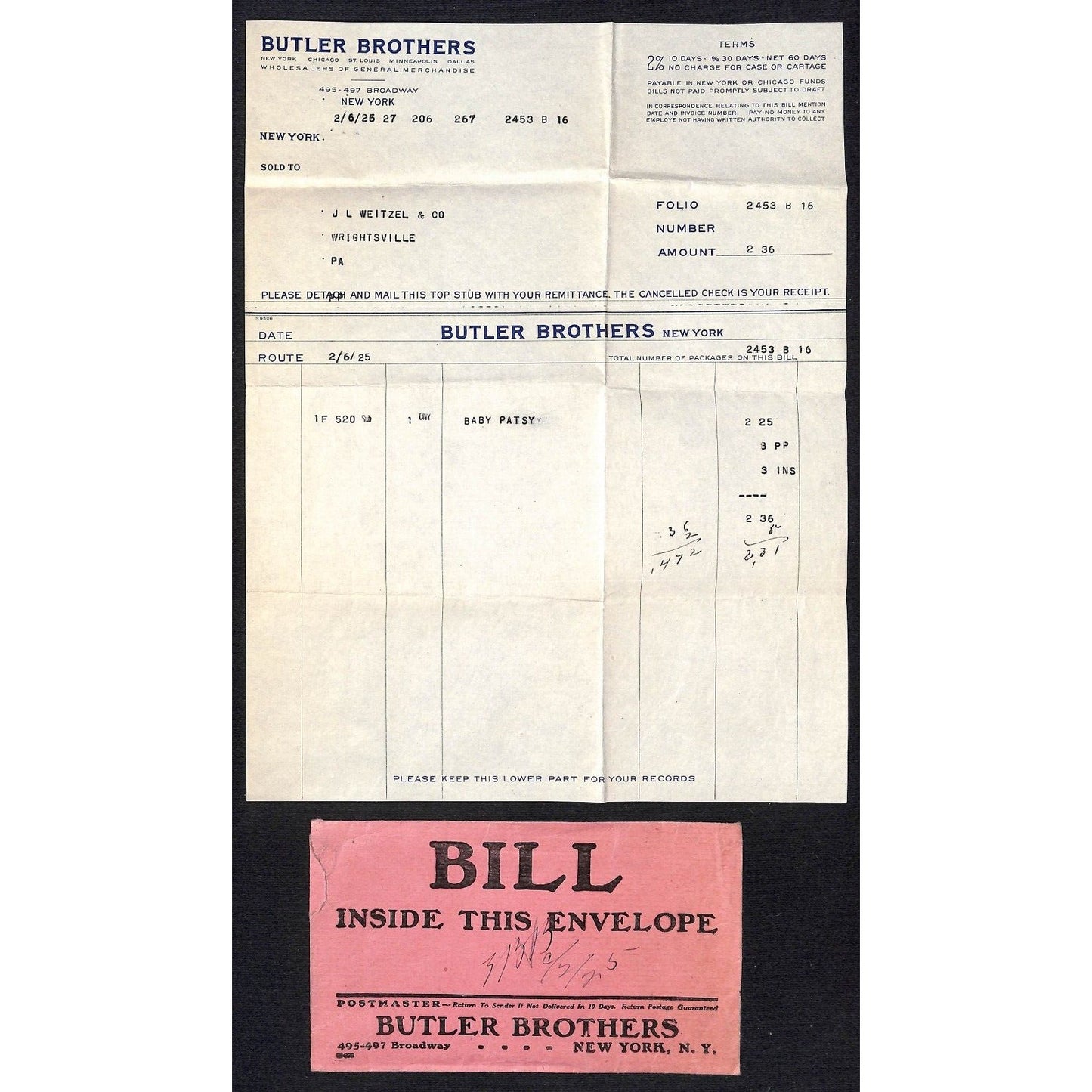 Butler Brothers General Merchandise 495 Broadway NYC 1925 Billhead + Cover