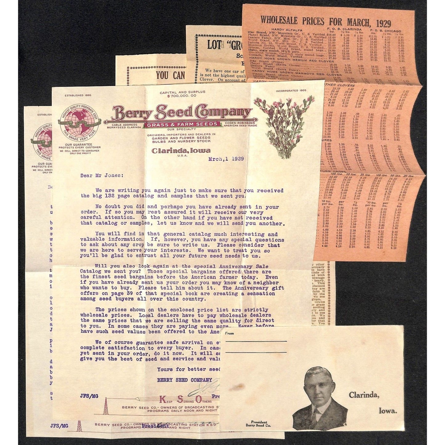 1929 Berry Seed Co. Clarinda, IA Letterheads, Product, Price Sheets & Packets
