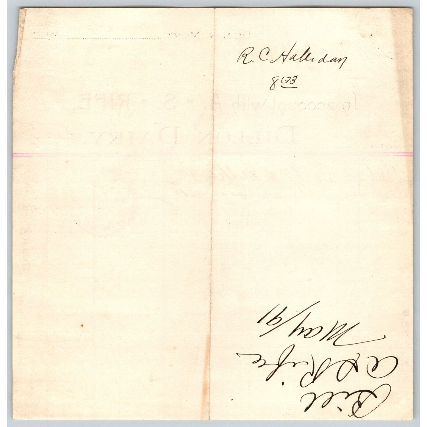Dillon MT A.S. Rife Dillon Dairy 1891 Billhead Cream & Milk R.C. Halliday*