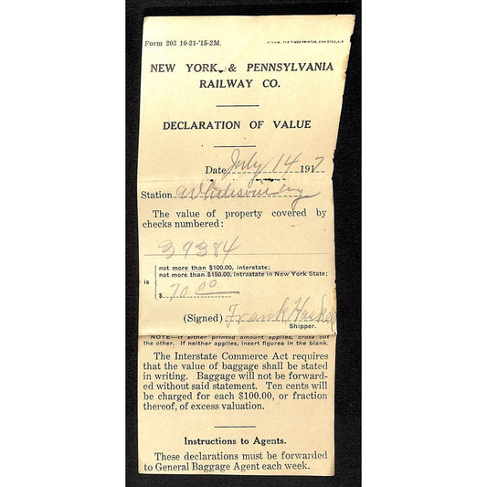 New York & Pennsylvania Railroad NYP July 14 1917 Declaration of Value Form