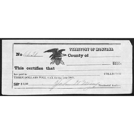 1865 Territory of Montana $3 Poll Tax Receipt #6631 VGC Scarce
