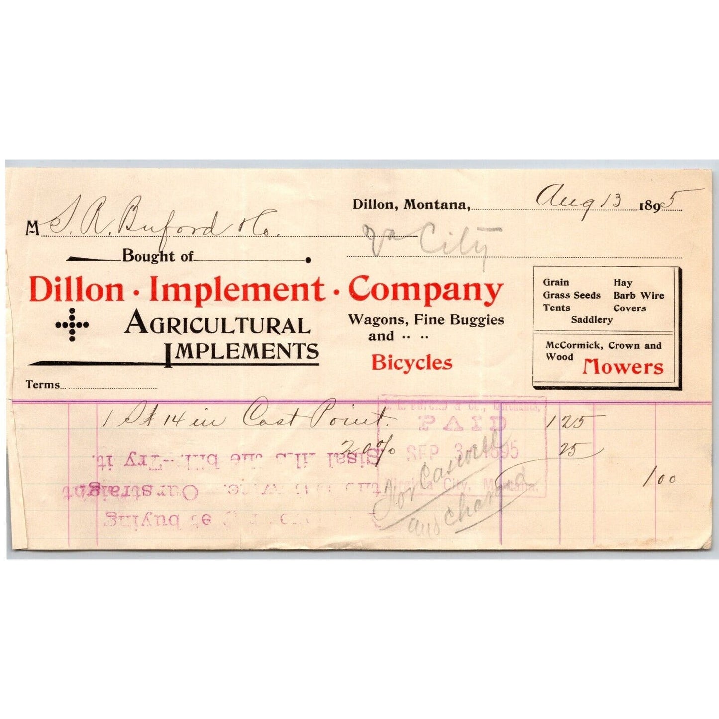 Dillon MT Dillon Implement 1895 Bicycles Billhead S.R. Buford* - Virginia City