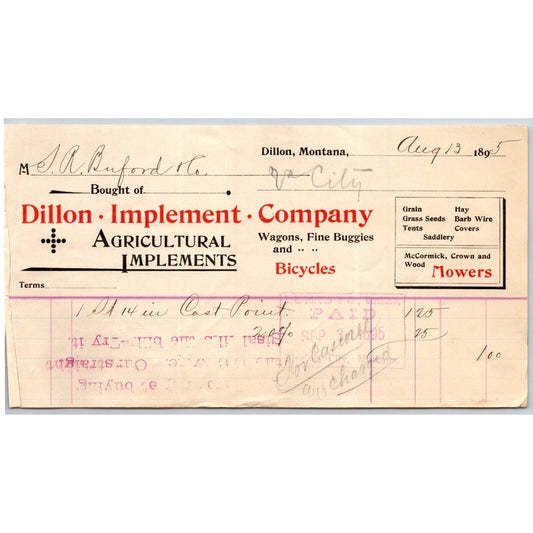 Dillon MT Dillon Implement 1895 Bicycles Billhead S.R. Buford* - Virginia City