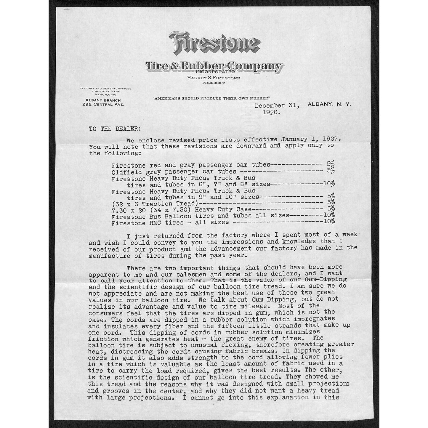 Firestone Tire & Rubber Co. Albany, NY 2pp 1926 TLS Letterhead re: Price Changes