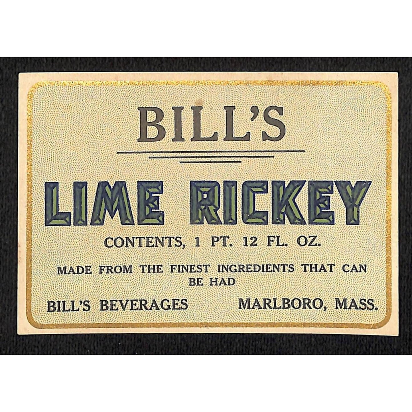 Bill's Lime Rickey Soda Label Bill's Beverages Marlboro, MA c1930's-40's