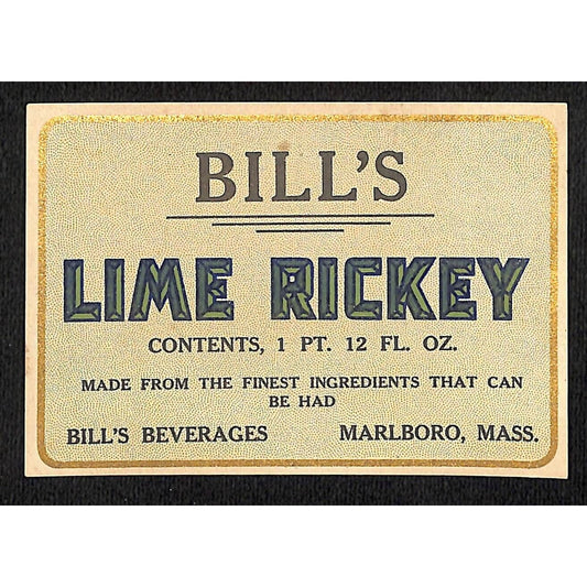 Bill's Lime Rickey Soda Label Bill's Beverages Marlboro, MA c1930's-40's