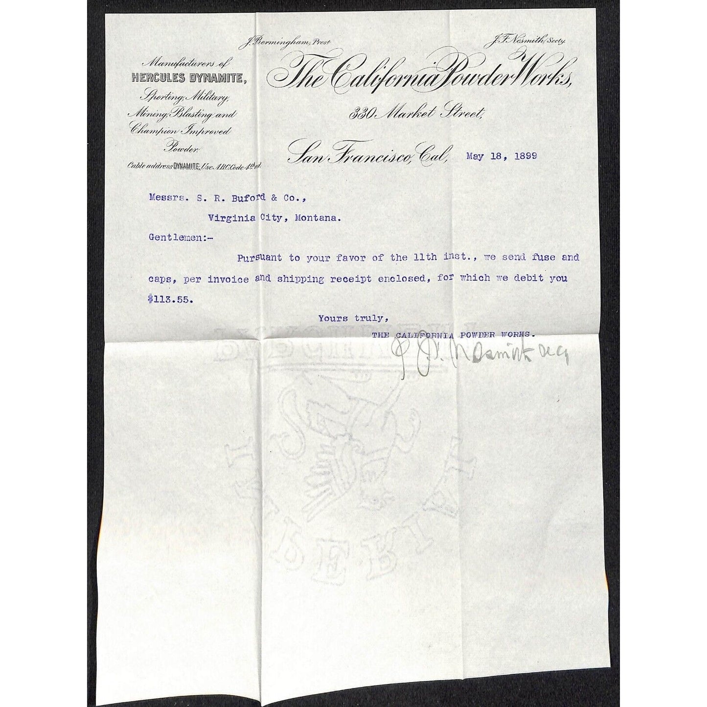 California Powder Works Hercules Dynamite 5/18 1899 Letterhead S.R. Buford*
