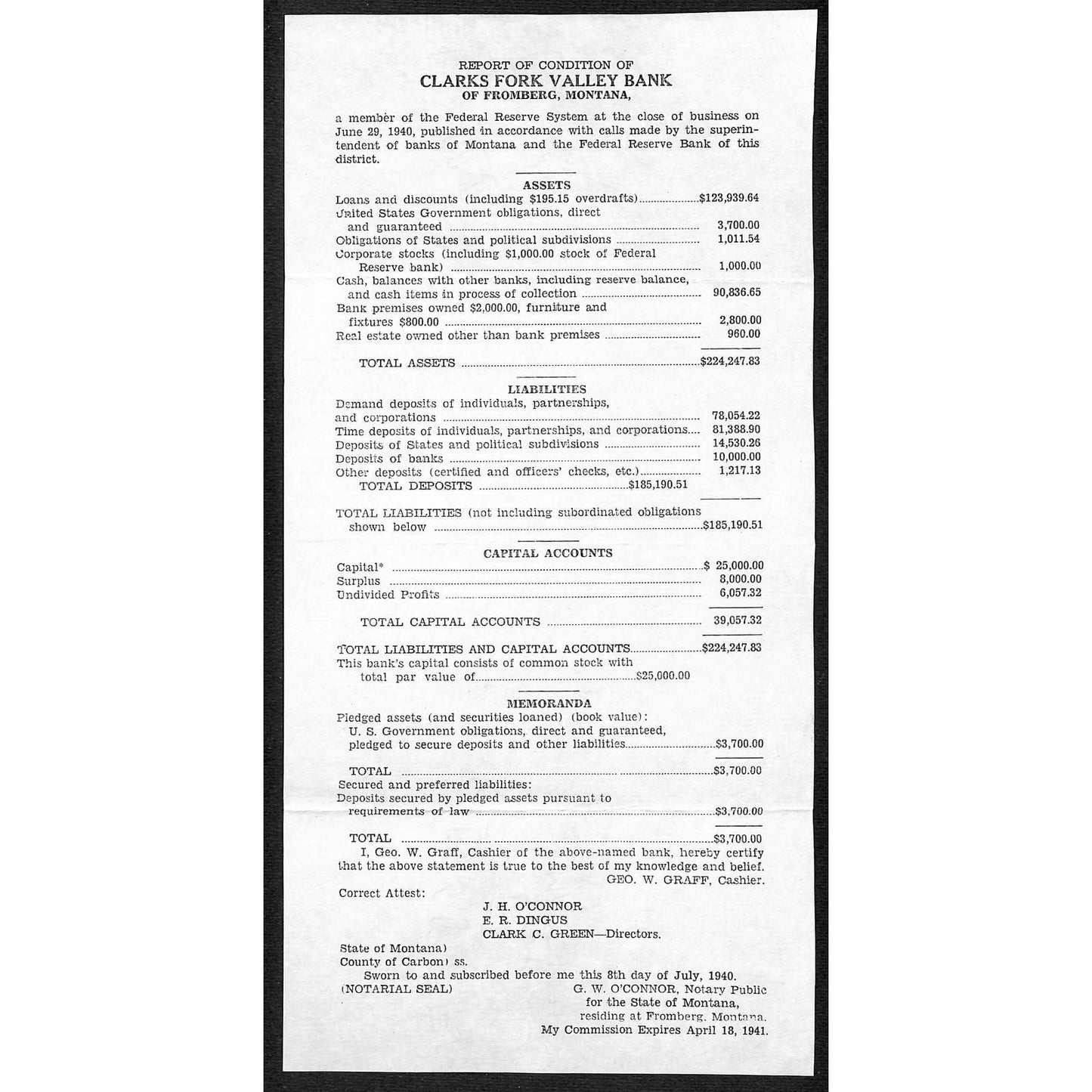 Fromberg, MT Clarks Fork Valley Bank "Report of Condition" Sheet 1940 - VGC