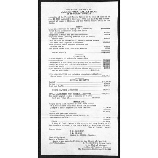 Fromberg, MT Clarks Fork Valley Bank "Report of Condition" Sheet 1940 - VGC