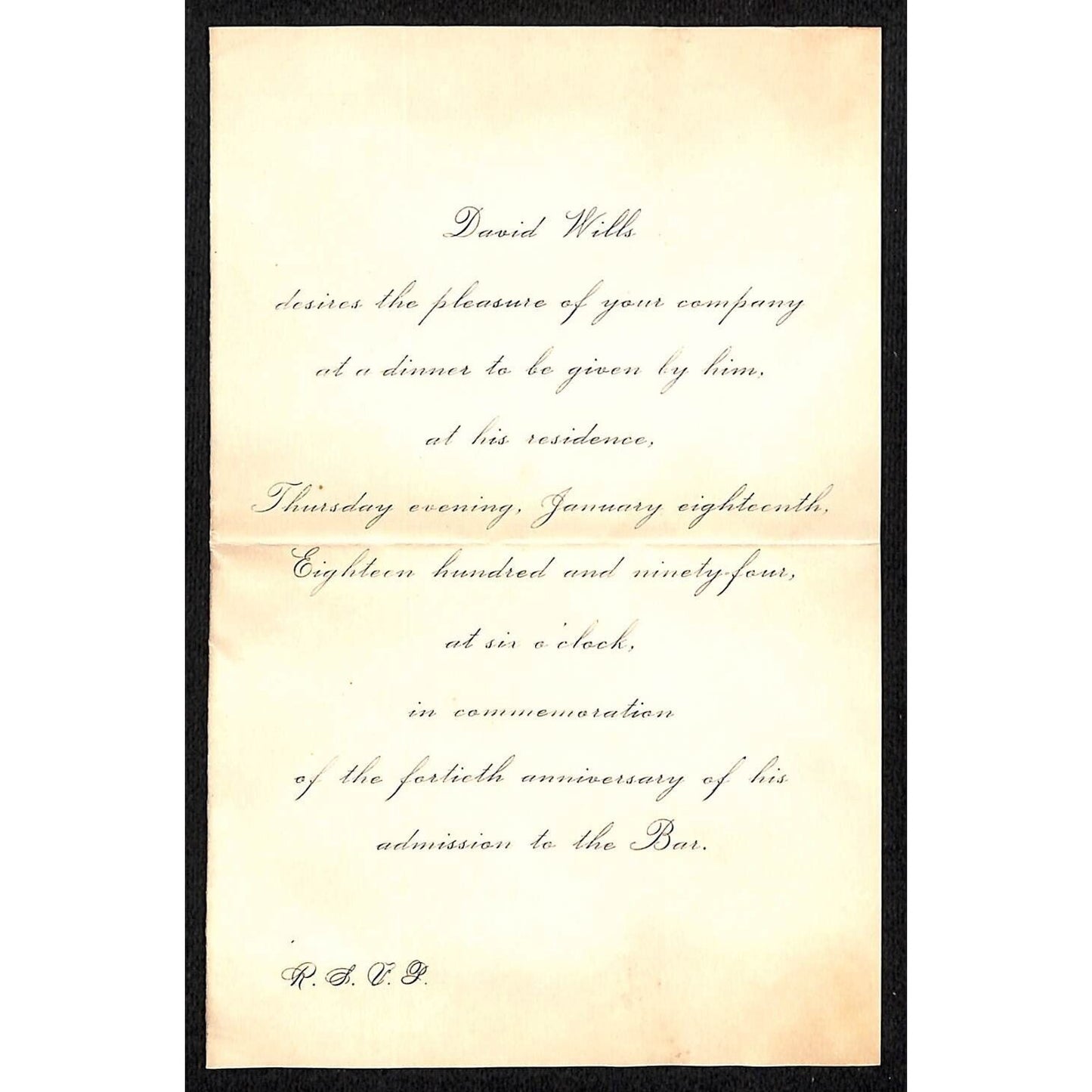 1894 David Wills Dinner Invitation in 40th Anniv. Commemoration of Bar Admission