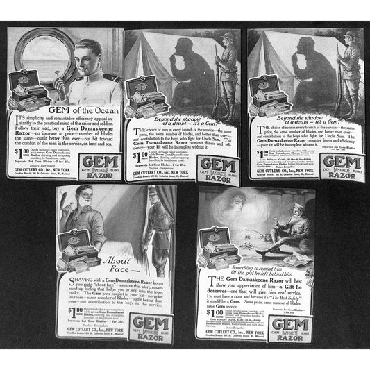 GEM Razor Blades Shaving Damaskeene Group of 22 WWI Era Magazine Ads