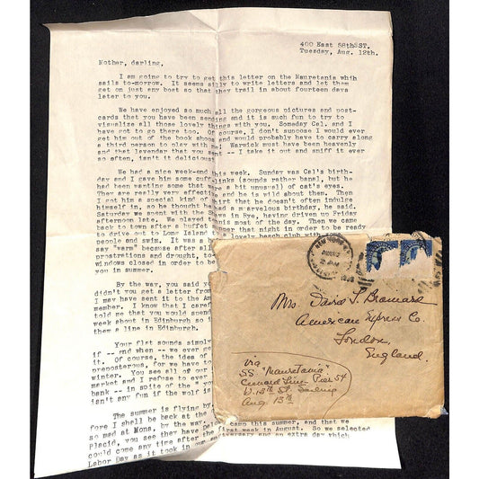 1933? "Mother, darling" TLS Correspondence Cunard Line S.S. Mauretania