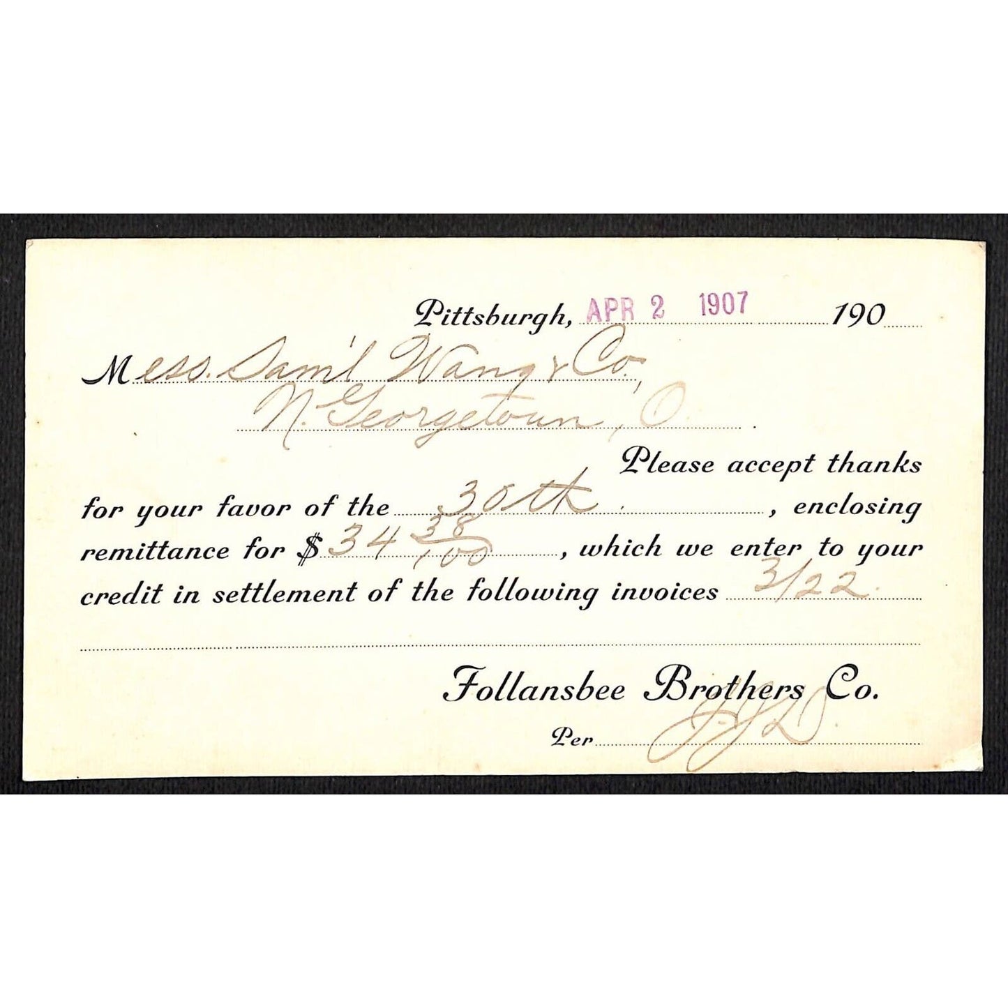 Follanshee Bros. Pittsburgh Samuel Wang Co* North Georgetown 1907 Receipt Card