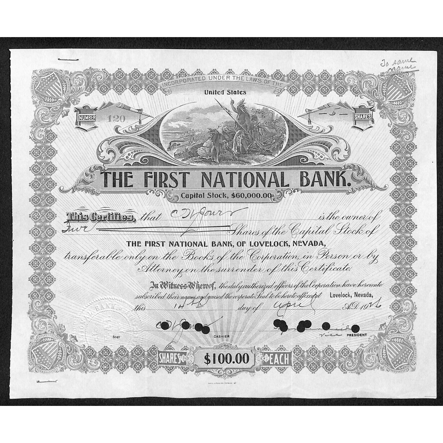 First National Bank of Lovelock, NV 1926 Stock Certificate to C.H. Gones