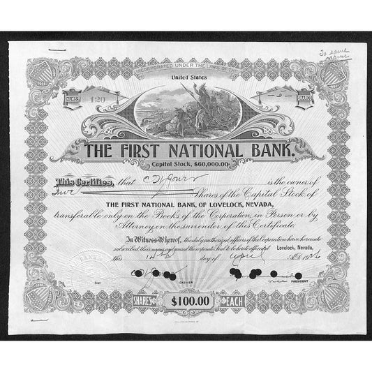 First National Bank of Lovelock, NV 1926 Stock Certificate to C.H. Gones