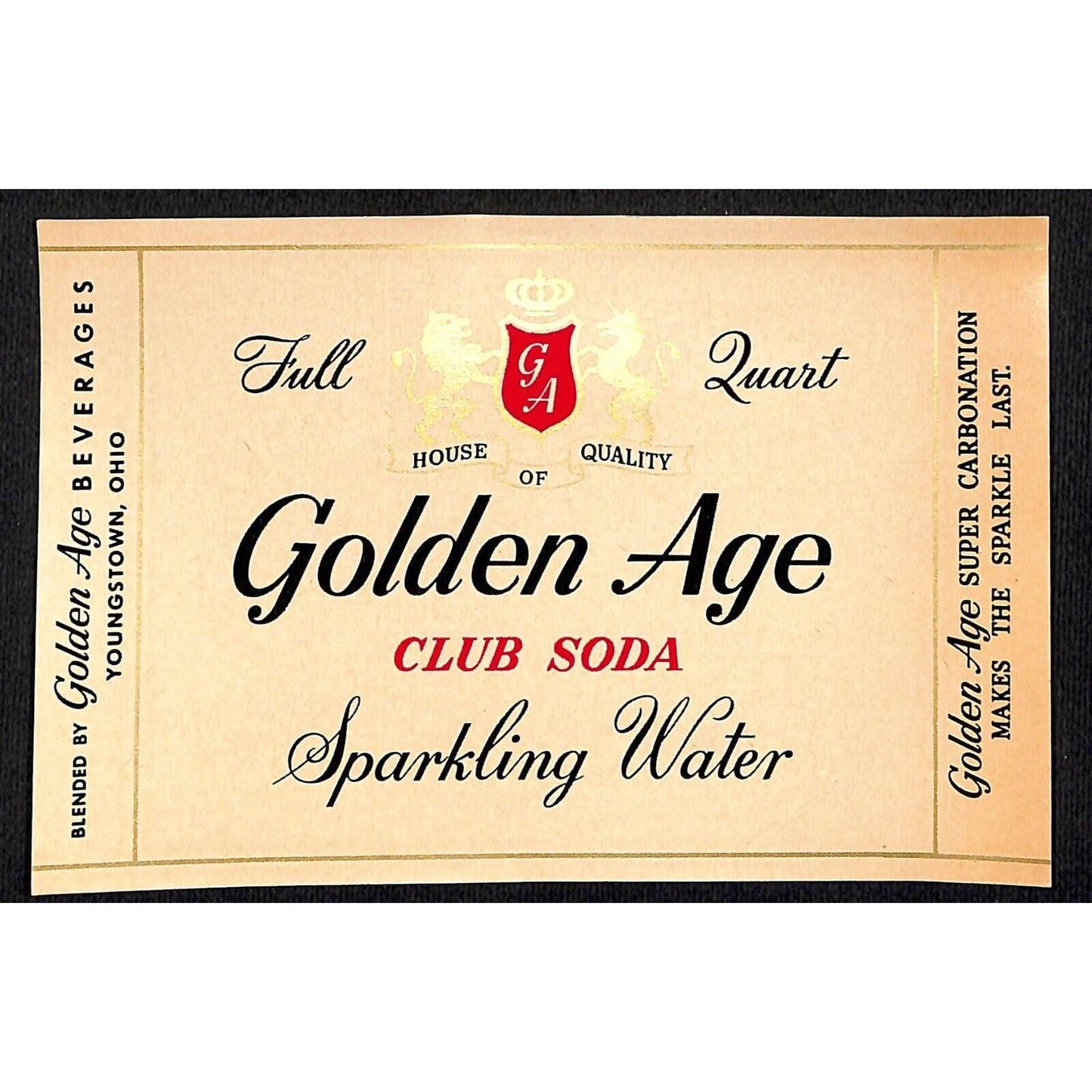 Golden Age Club Soda Sparkling Water Paper Label Youngstown, OH VGC c1940's